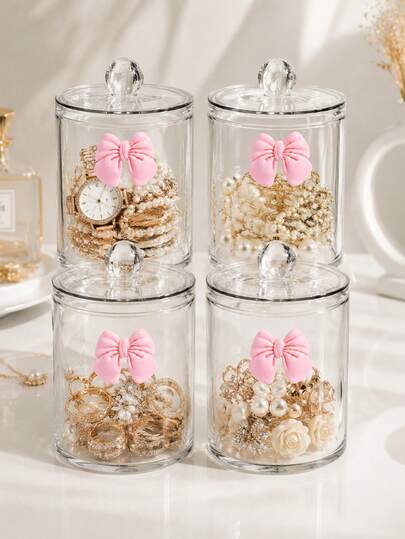1/2/4/6pcs Clear Cosmetic & Jewelry Organizer Jars With Lids, PS Canister Set With Custom Pink Bow Design For Vanity Storage Of Pads, Swabs, Balls & Jewelry