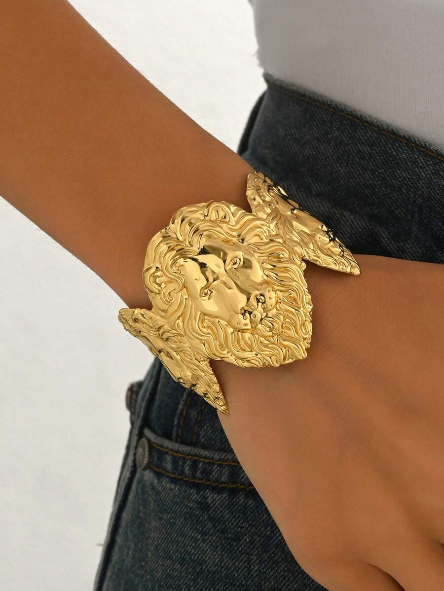 1pc Fashionable Golden Lion Head Bracelet, Suitable For Daily Wear - Gold - View 1