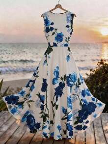 Vestido casual de mujer sin mangas con estampado de posicionamiento simple, vestido acampanado con cintura ceñida, adecuado para verano casual, vacaciones, primavera/verano, oficina, diario,, playa, graduación, uso versátil de oficina, vestido con cuello en V y cintura fruncida - Multicolor 4 - Ver 2