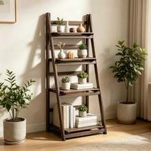 UNHO Folding Wooden Ladder Storage Rack Shelf Unit Corner Book Shelves Plant Ladder Racks 4 Tier Plant Stand Flower Display Stand - Brown - View 1