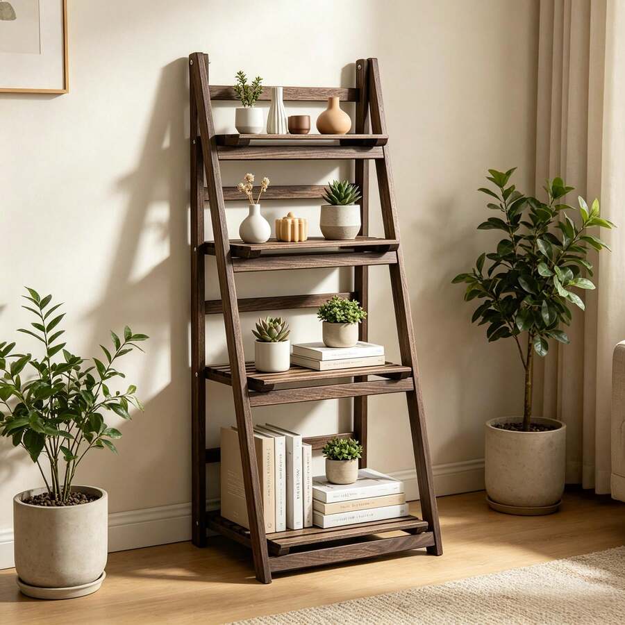UNHO Folding Wooden Ladder Storage Rack Shelf Unit Corner Book Shelves Plant Ladder Racks 4 Tier Plant Stand Flower Display Stand - Brown - View 1