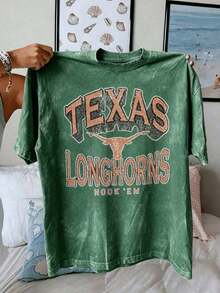 Texas Longhorns Graphic Showcasing Iconic Longhorn With Vintage Distressed Lettering, Casual Tee Ultimate Fan 220g Comfortable Fit2025 - Green 1 - View 4