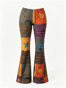 Pantalon évasé à imprimé bohème aléatoire pour préadolescentes, pantalon décontracté vintage hippie à taille élastique, tenue de rue rétro décontractée Y2K - Multicolore - Voir 9