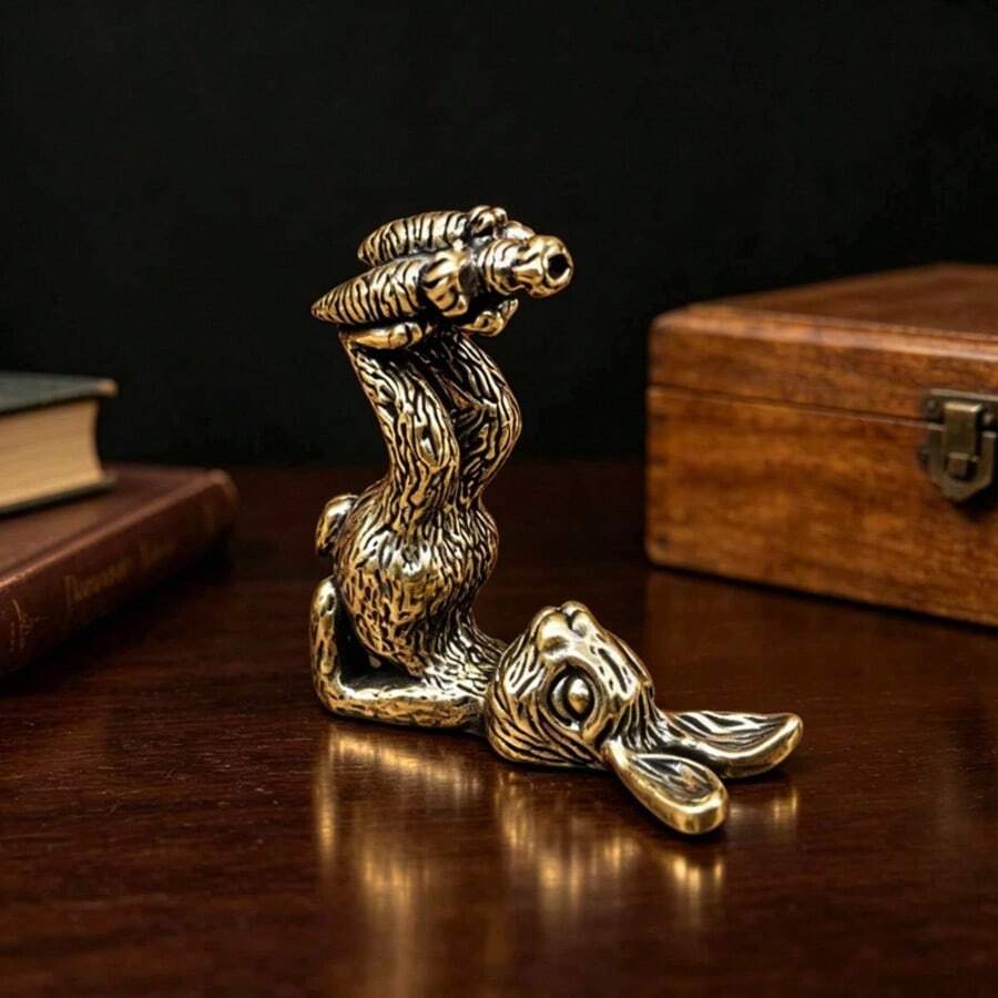 Vintage Brass Rabbit Figurine, Fun Rabbit Stepping On Carrot, Handmade With Clear Distressed Texture, Creative Personalized Tea Pet Desktop Ornament, Craft Decor For Study, Tea Table, Office, Lively Cute Zodiac Rabbit - 1PC - View 1