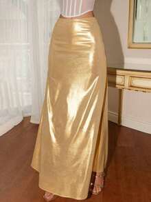 Women's Solid Color Mermaid Style Maxi Dress, Glossy Mid-Length Elegant Dress, Suitable For Parties And Everyday Wear Vintage Satin Met Gala - 銀色 - 查看 10