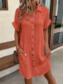 Vestido Camisero Casual de Color Sólido Moda 2026, Mini Vestido Elegante con Cuello de Solapa y Botones para Mujer, Ropa Cómoda de Verano Diario - Gris - Ver 9