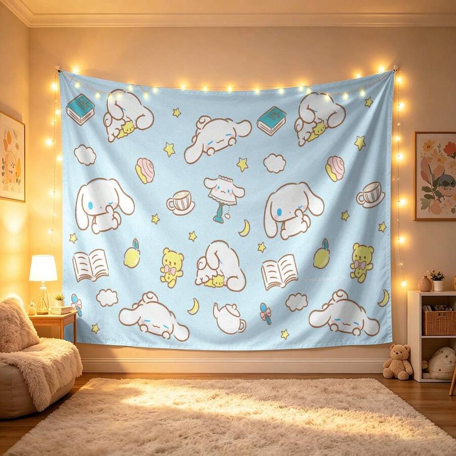 Miniso 三麗鷗 Cinnamoroll 茶點時光美學掛毯,淺藍色滿版印花壁掛,柔軟布料背景,適用於臥室、派對與攝影 - 0 - 查看 1