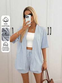 2026 Conjunto de kimono de algodón blanco con arrugas + shorts, conjunto casual de vacaciones para primavera/verano - Multicolor 3 - Ver 6