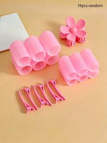 19pcs/Set Pink Self-Adhesive Hair Curlers, Including Various Sizes Of Curlers, Positioning Alligator Clips, And A Super Cute Flower Hair Clip, Practical For Fixing Curlers And Styling, Suitable For Girls And Women, Perfect For Vacation, Dates, Graduation Season Or Daily Wear,Hair Styling Kit,Hair Clutch - Multicolor - View 12