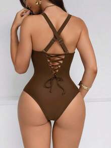 Traje de baño de una pieza con control de abdomen y push-up, con espalda cruzada, en color marrón con diseño de patchwork, elegante y sexy para fiestas y piscina - Café integral - Ver 3