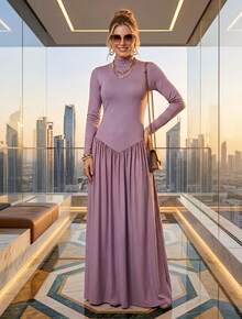 Long-Sleeved Maxi Dress In Stretchy And Comfortable Fabric. - 紫丁香色 - 查看 1