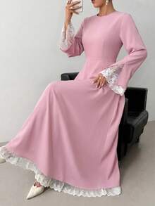 Women's Elegant Contrast Color Lace Patchwork Dress - Pink - View 1