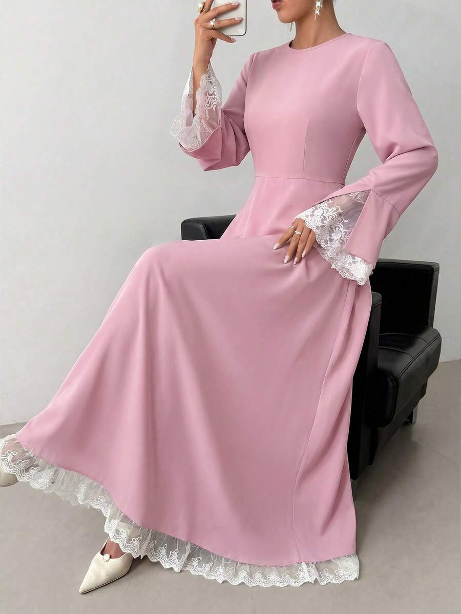Women's Elegant Contrast Color Lace Patchwork Dress - Pink - View 1