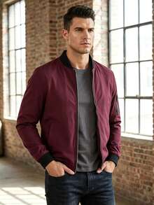 Men's Spring And Autumn Jacket, Zip-Up Jacket With High Collar, Classic And Simple Jacket, Gift For Friends, Husband, Boyfriend. - Burgundy - View 2