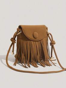 New Fashion Autumn/Winter Vintage Solid Color Tassel Women's Niche Phone Bag, Western Style Shoulder Crossbody Multifunctional Personalized Minimalist Slouchy Tassel Bag, Casual Travel Versatile Daily Simple Lightweight Bag, PU Leather - Brown - View 3