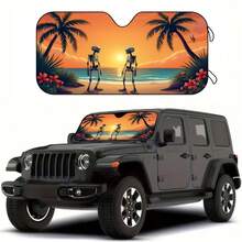 1 Piece Of Sunset Beach Double Skull Tropical Coconut Tree Themed Sunshade, Foldable Car Windshield Sunshade, Made Of Car Sunshade Material, An In-Car Cooling Tool That Effectively Reduces Direct Sunlight And Heat Buildup, Durable Sunshade Suitable - Multicolor - View 6