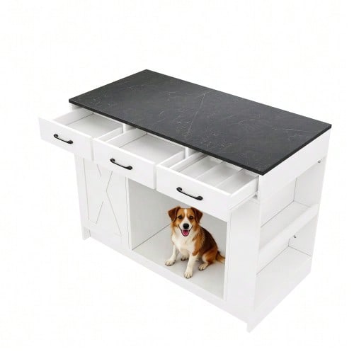 Kücheninsel, Schrank Mit 3 Schubladen, 1 Gewürzablage, Verstellbare Regalplatte, Doppelablage (Ohne Hundefutterteller), Geräumiger Haustieraufbewahrungsbereich (Ohne Hundekissen), 120*60*90 Cm, White