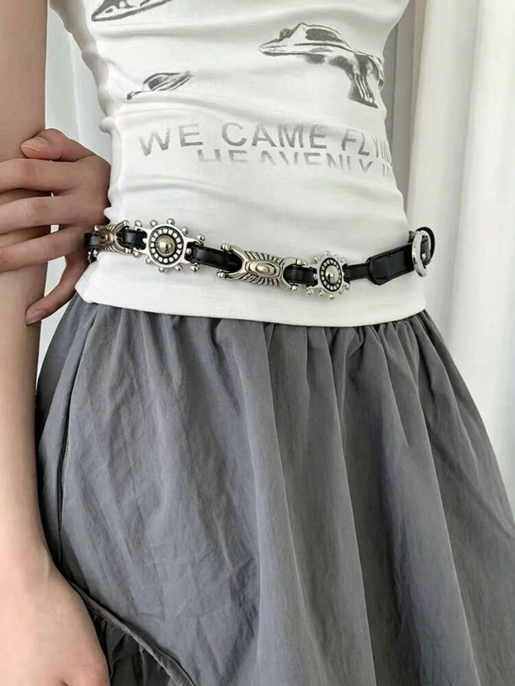 Cinturón con decoración de remaches de metal estilo punk retro, accesorio de moda para faldas - Negro - Añade 2