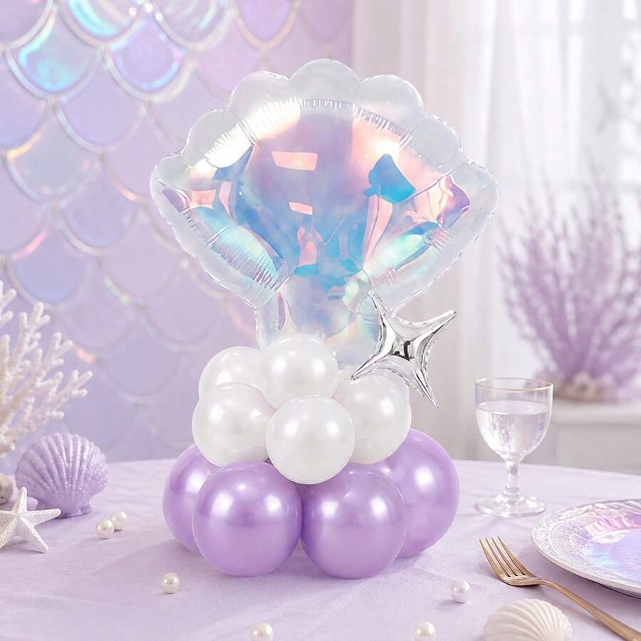 17 Stücke Irisierender Muschel Säulen Ballon Set, beinhaltet perlmuttfarbene lila Ballons, weiße Ballons, irisierenden Muscheln, ideal für Geburtstagsparty Atmosphäre, Innen-/Außendekoration, Ozean Themen Geburtstag, Meerjungfrau Party Deko, Unterwasser Party, Meerjungfrau Prinzessin Geburtstag - Mehrfarbig - Übersicht 1
