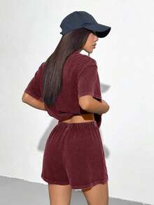Set de 2 piezas, camiseta y pantalones cortos, de estilo vintage para mujer - Burdeos - Ver 2