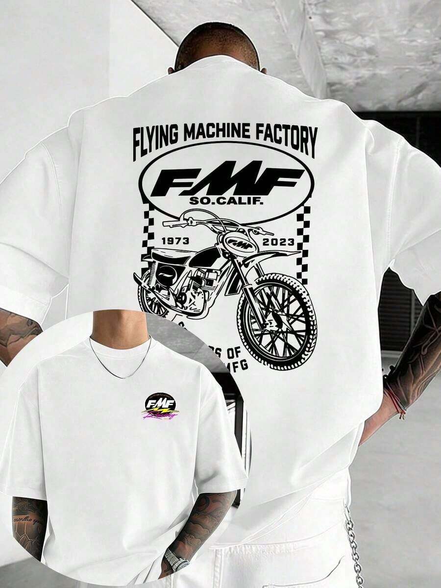 Men's Racing 50th Anniversary Motorcycle Print T-Shirt, Comfortable And Casual Short Sleeve, 220g Pure Cotton Double-Sided Print T-Shirt For Off-Road Motorcycle Enthusiasts, American Biker Culture Clothing, Must-Have Summer Fashion Item, Ideal Gift For Men. - 粉色 - 查看 1