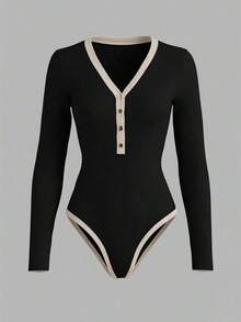 Body de mujer con cuello en V y contraste de color para uso casual diario - Marrón - Ver 7