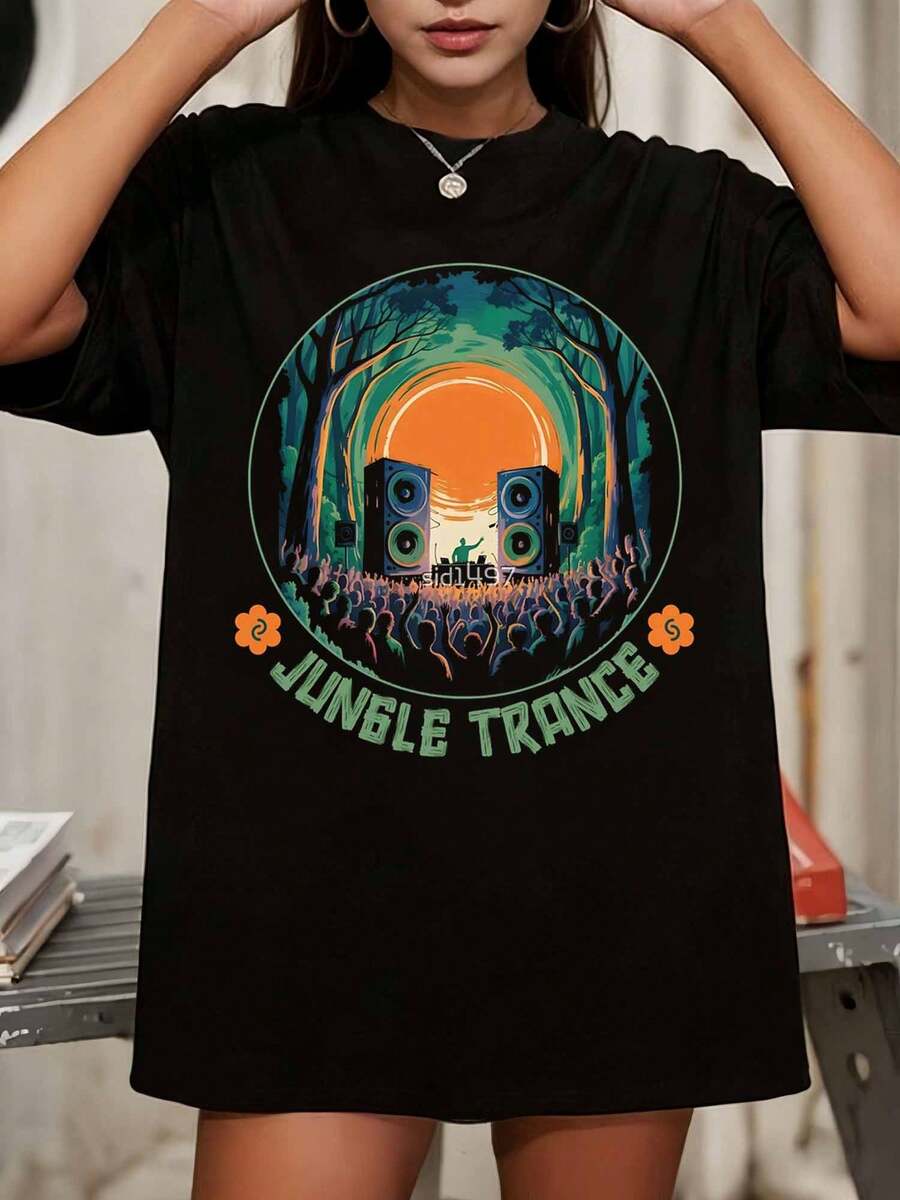 Jungle Trance Music Festival DJ Crowd Forest Graphic Oversized Black T-Shirt - Black - View 1