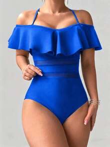 Traje de baño de una pieza con cuello halter de unicolor, adecuado para vacaciones en la playa, fiestas en la piscina, fiestas en la playa - Blanco y Negro - Ver 10