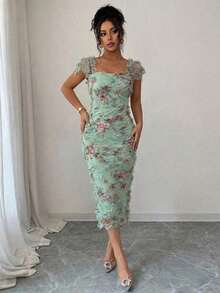 Vestido midi elegante y romántico de mujer con malla impresa y fruncido, adecuado para la temporada de bodas, fiestas, citas, salidas casuales, primavera/verano - Verde Claro - Ver 6