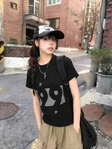 [ 100% Cotton ] Recommended New Products For Summer 2026: Lace Logo T-Shirt, Summer Dress, Women's Fashion T-Shirt, Short Sleeve Office Casual 200g Cotton Cartoon Character Printed Loose White Top, Y2K Women's Top, Spring Dress Top - Black - View 6