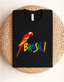 Brazil Tropical Macaw Women's Oversized T-Shirt, Brazil World Cup Shirt, Casual Streetwear T-Shirt, Fashionable Brazilian Style, Beachwear, Summer, 100% Premium Cotton, Unisex - 黑色 - 查看 8