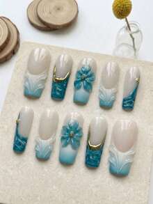 10pcs Handmade Rectangular Nail Art Stickers, 3D Blue-Green Flower And Wave French Tip Nail Decor, Removable And Reusable Nail Art Supplies Set (Includes Gel Glue And Nail File) - Baby Blue - View 2