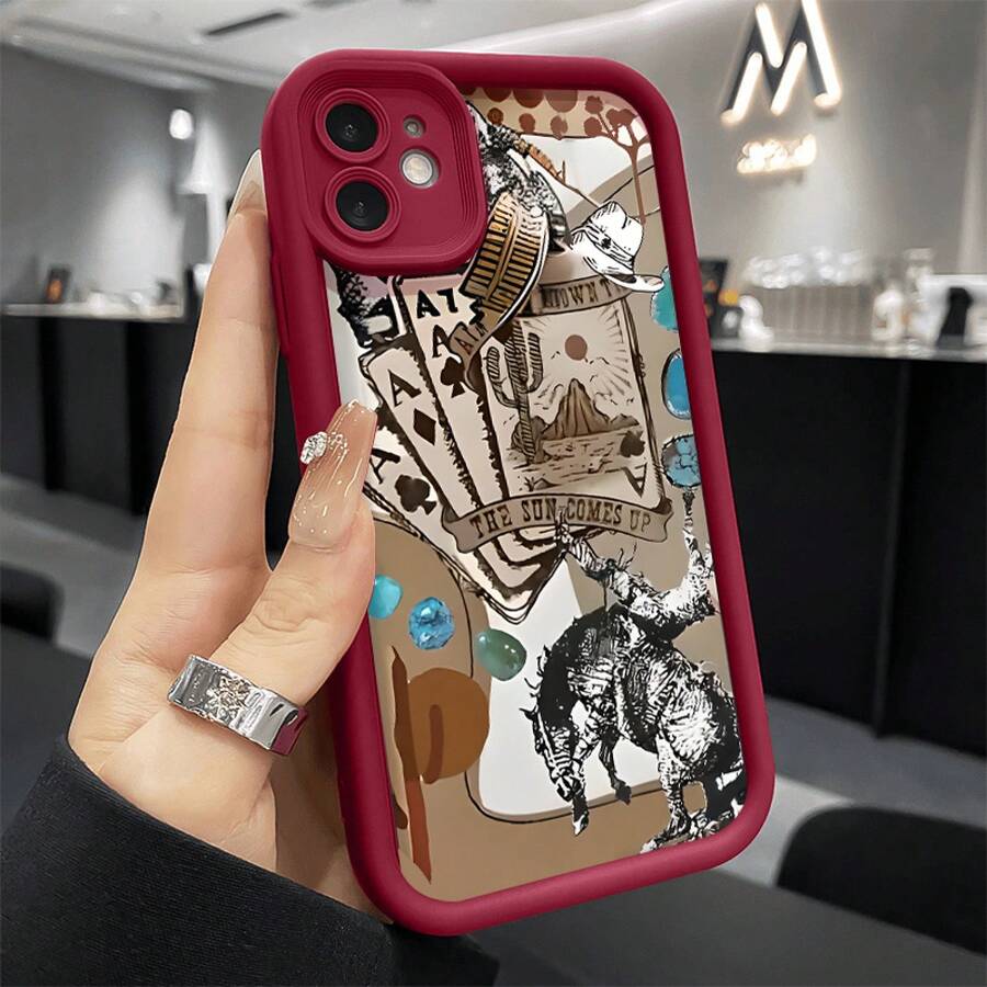 Pop Poker Cowboy Pattern Phone Case For 16 Pro Max 15 Plus 14 13 12 11 XR XS - Shockproof Silicone Bumper With Drop Protection And Soft Cover - 酒紅 - 查看 1