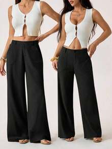 PETITE Pantalones rectos de cintura baja de 100% algodón lavado, pantalones de lino para mujer, pantalones de verano, pantalones anchos de mujer, pantalones de verano, otoño y ropa de otoño para mujer - Negro - Ver 6