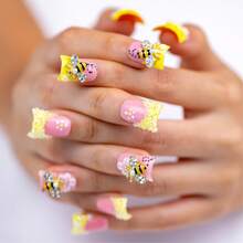 Premium Y2K Handmade 3D Carved Butterfly, Bee French Tip Press On Nails, Butter Yellow Sugar Frosted Rhinestones, Metal Charm Nail Art Set Summer - 許多 - 查看 9