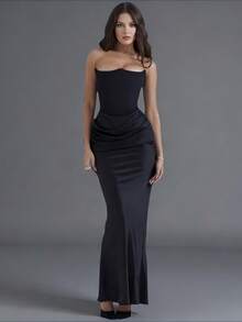 Vestido satén elegante sin tirantes pliegues combinados ajustado sensual estilo europeo para fiestas - Negro - Ver 3