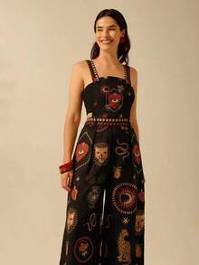 Mono negro casual de vacaciones de verano para mujer con diseños estampados bohemios de leopardo tropical, caparazón de tortuga de bambú, ojo del, serpiente y pájaro, con bolsillos grandes y tirantes - Multicolor - Ver 4