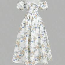 MOD Vestido blanco de longitud media con hombros descubiertos, mangas abullonadas y lunares, para el Día de San Valentín, atuendos de San Valentín para mujeres, carnaval, boda, estilo retro de los 70, vintage - Azul y blanco - Ver 10