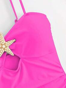 Traje de baño de una pieza con volantes y decoración de estrella de mar calada, con falda larga atada para mujer, para vacaciones de verano en la playa - Rosa - Ver 7