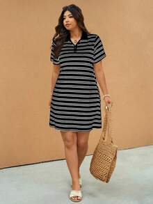Elaquor Vestido de manga corta con cuello a rayas talla para mujer, nuevo vestido casual para mujer para picnic, vestido casual de negocios para mujer de talla - Negro 2 - Ver 4