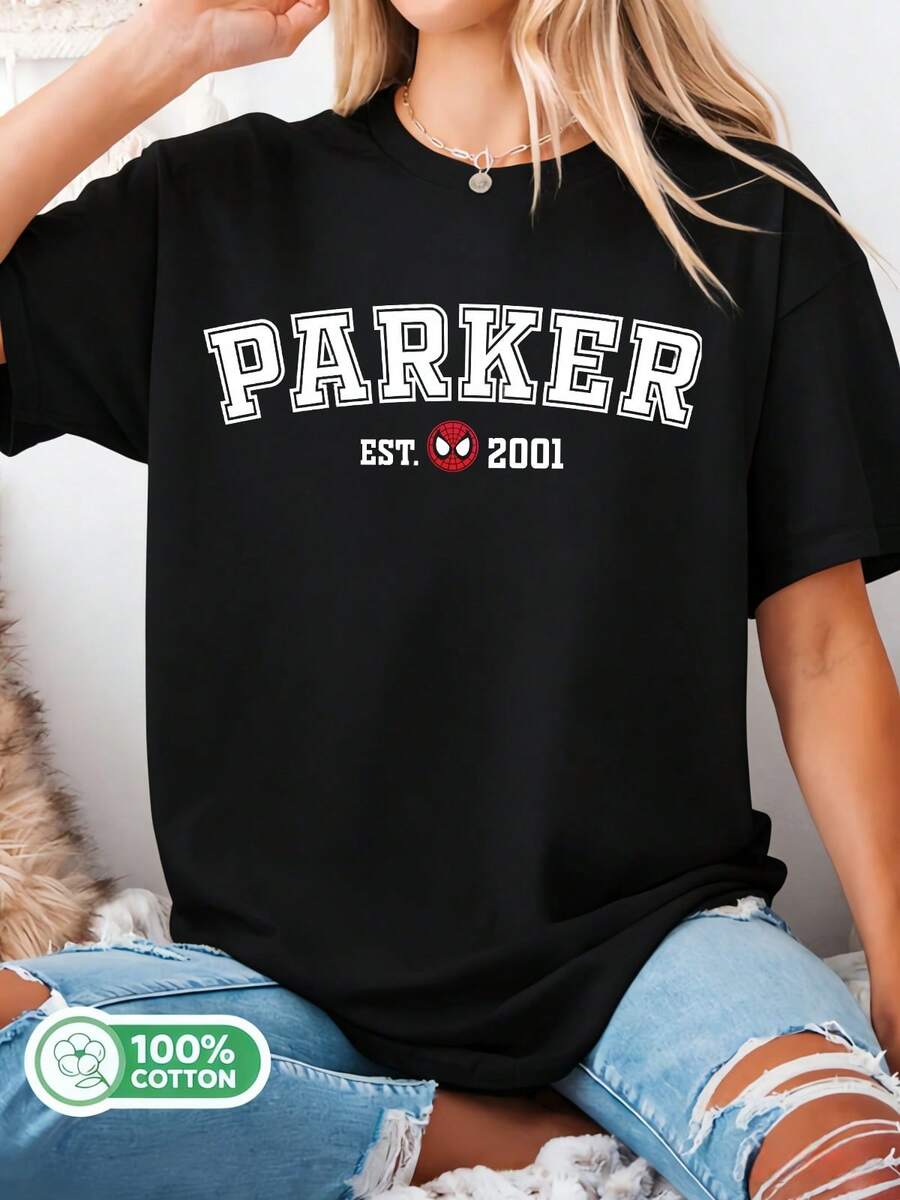 T-shirt med grafisk design i collegestil, superhjälte-t-shirt i bomull, present till Spiderss-Man-fan - Svart - Visa 1