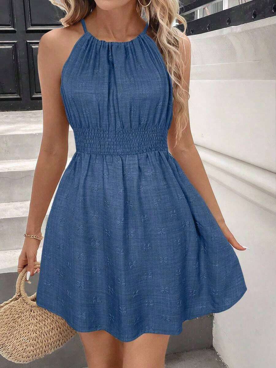 LUNE Vestido casual de mujer con textura de jacquard con cuello halter - Azul - Ver 1