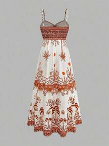 MEXGlowEve Vestido de tirantes finos con estampado y cintura anudada en forma de A para mujer, encantador, sexy y elegante para el uso diario, vacaciones, citas de moda, estilo callejero francés retro y versátil, /verano, nuevo vestido largo sin mangas de tirantes finos en azul y blancoMEX DPWJ - Color caoba - Ver 2
