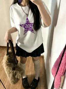 [ 100% Cotton ] Recommended New Products For Summer 2026: Lace Logo T-Shirt, Summer Dress, Women's Fashion T-Shirt, Short Sleeve Office Casual 200g Cotton Cartoon Character Printed Loose White Top, Y2K Women's Top, Spring Dress Top - White - View 6