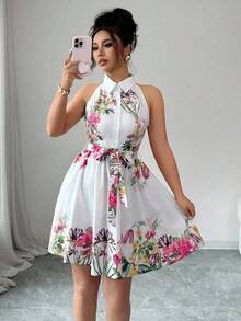 Vestido de cuello halter de impresión floral elegante de verano - Multicolor 4 - Ver 9