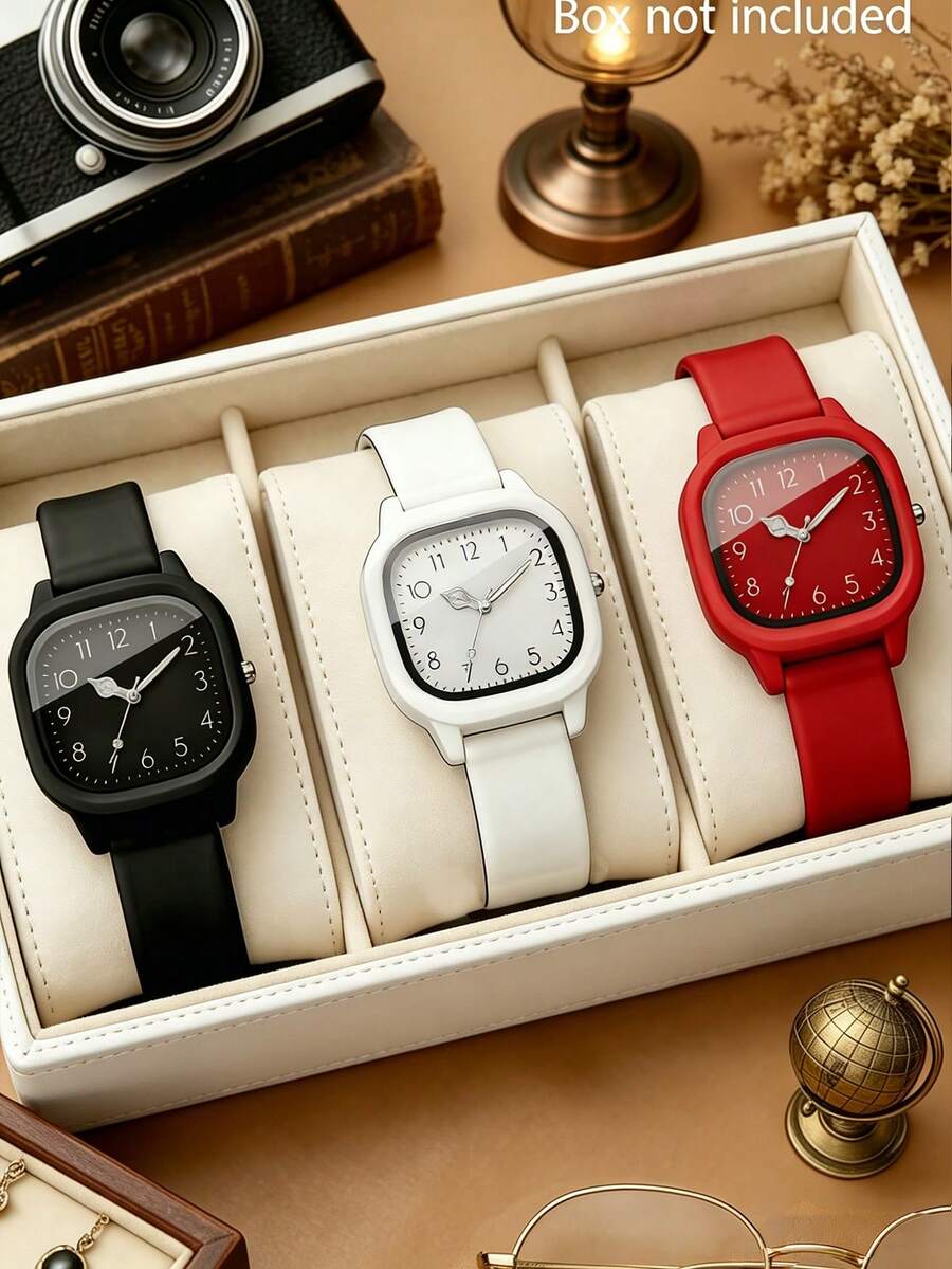 1 Set/1 Piece Women's Three-Color Square Dial Silicone Quartz Watch Set - Versatile Casual Accessory & Birthday Gift - Multicolor - View 1