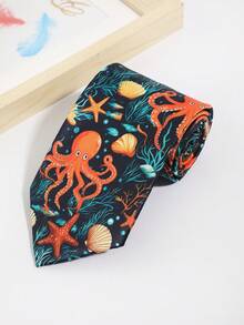 1 pieza Corbata de hombre con estampado de dibujos animados de pulpo, estrella de mar y concha, adecuada para salidas, fiestas, reuniones y vacaciones - Multicolor - Ver 4