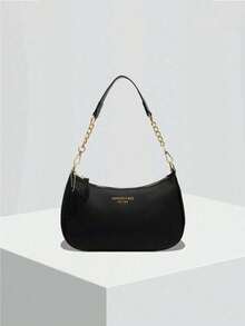 New Fashion Classic Wild Letter Pattern Decor Design Solid Color PU Waterproof Fabric Crescent Shoulder Bag Underarm Bag Suitable For Shopping Can Be Worn Crossbody - Black - View 2