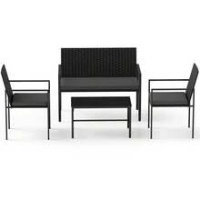 Set Of 4 Garden Furniture Set Rattan Chairs & Loveseat With Tempered Glass Coffee Table Wicker Conversation Sofa Set For Backyard, Garden, Porch, Balcony - Grey - View 8