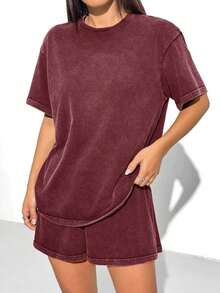 Set de 2 piezas, camiseta y pantalones cortos, de estilo vintage para mujer - Burdeos - Ver 5
